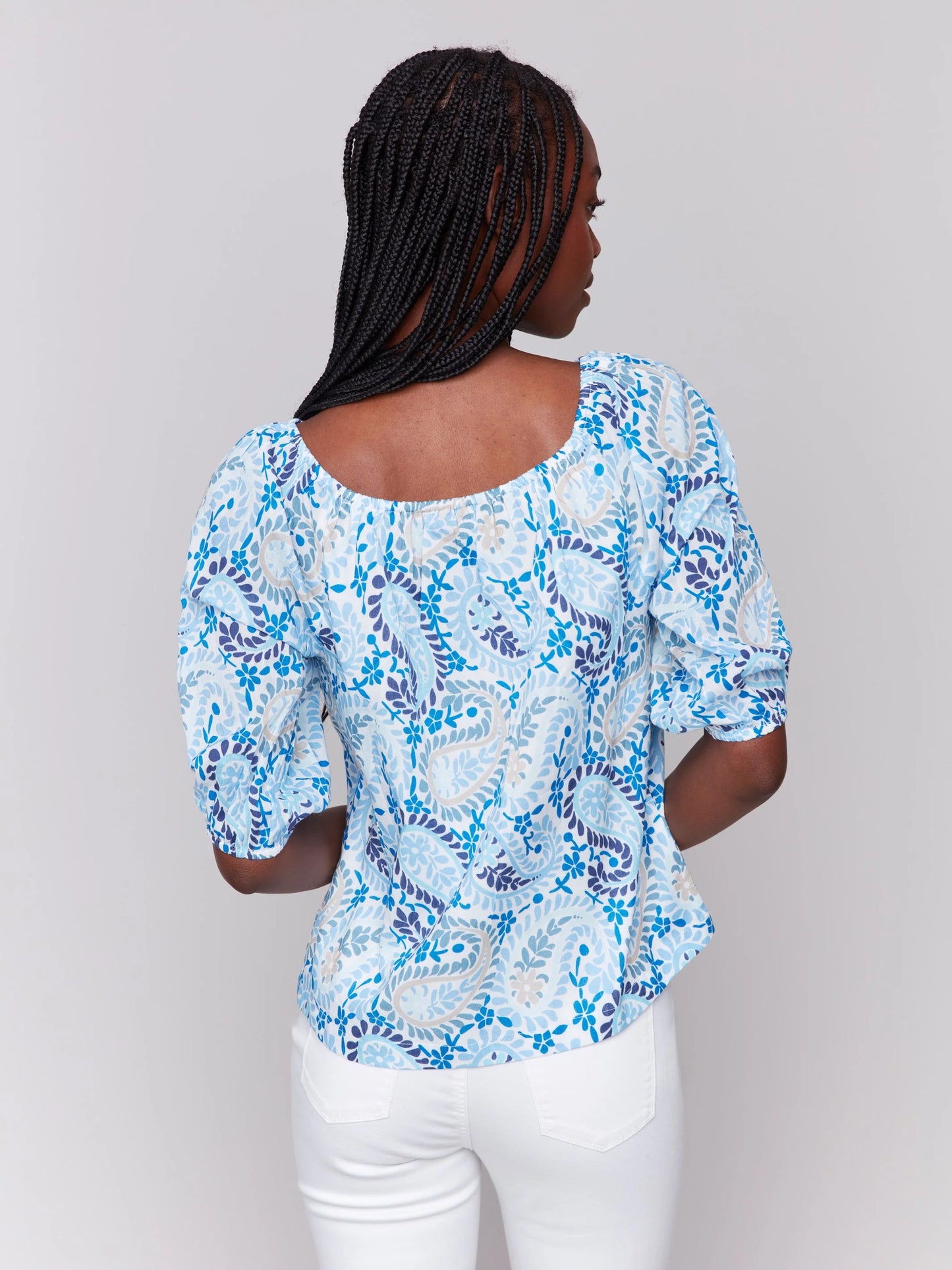 Printed Off Shoulder 3/4 Sleeve Lined Top