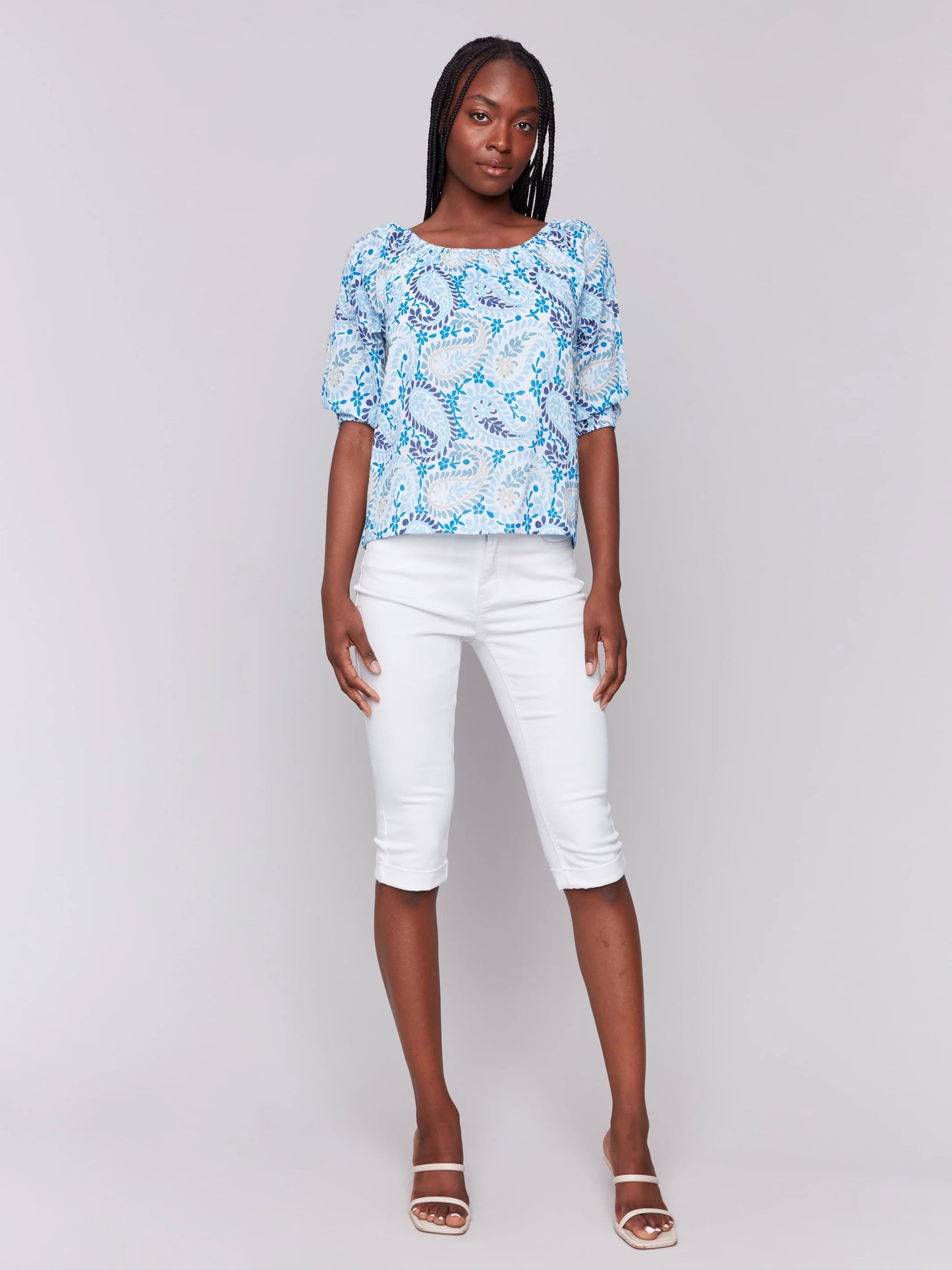 Printed Off Shoulder 3/4 Sleeve Lined Top