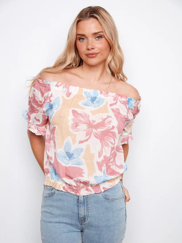 Printed Short Sleeve Off-Shoulder Blouse - Flowery
