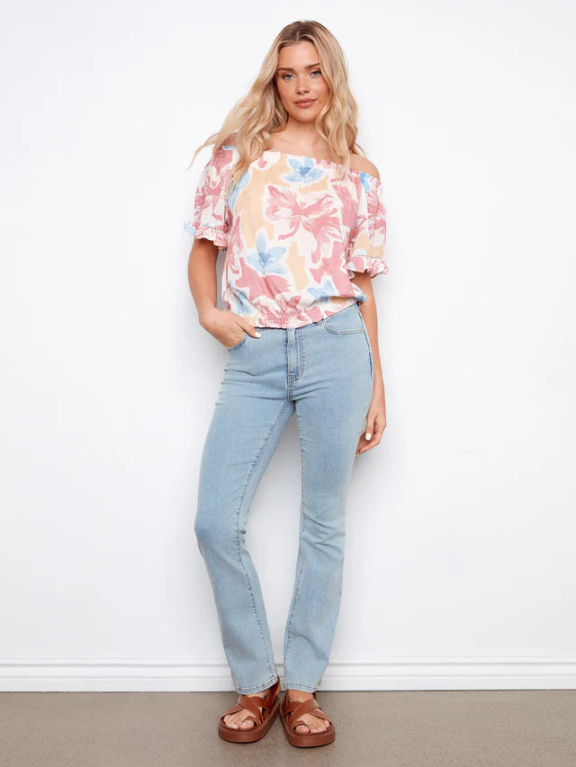 Printed Short Sleeve Off-Shoulder Blouse - Flowery