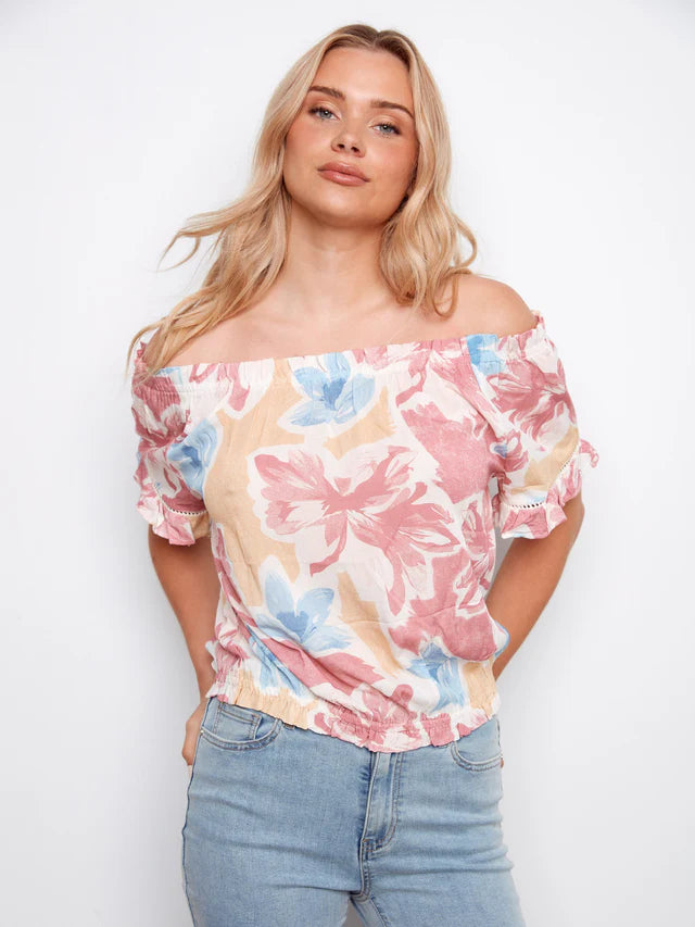 Printed Short Sleeve Off-Shoulder Blouse - Flowery