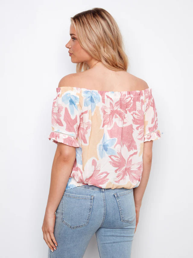 Printed Short Sleeve Off-Shoulder Blouse - Flowery