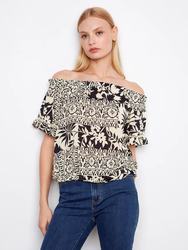 Printed Short Sleeve Off Shoulder Blouse - Ornato