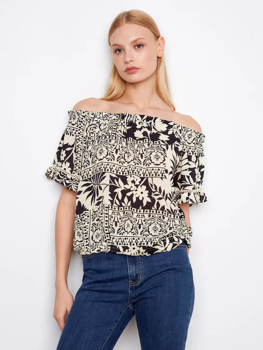 Printed Short Sleeve Off Shoulder Blouse - Ornato