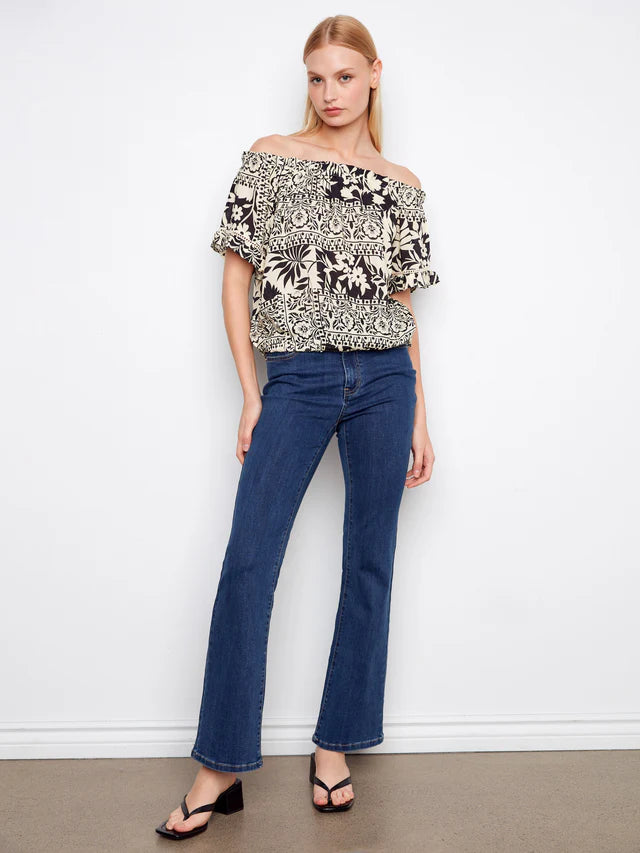 Printed Short Sleeve Off Shoulder Blouse - Ornato