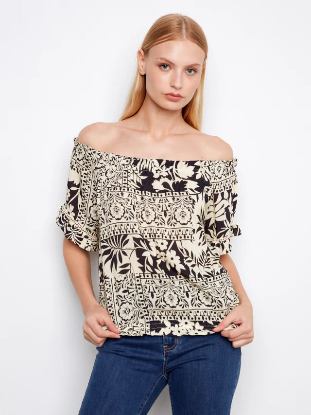 Printed Short Sleeve Off Shoulder Blouse - Ornato