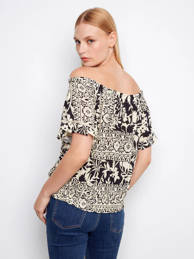 Printed Short Sleeve Off Shoulder Blouse - Ornato