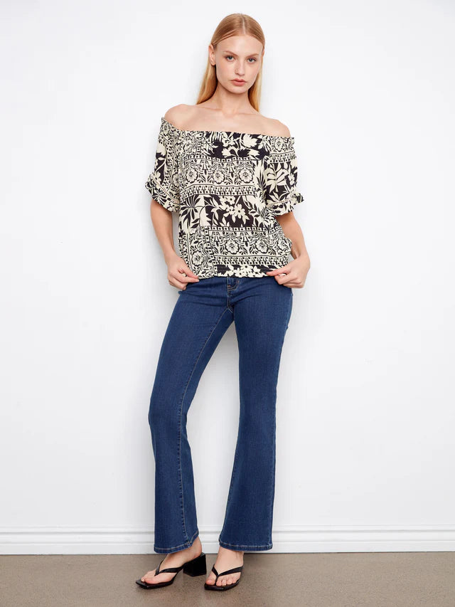 Printed Short Sleeve Off Shoulder Blouse - Ornato
