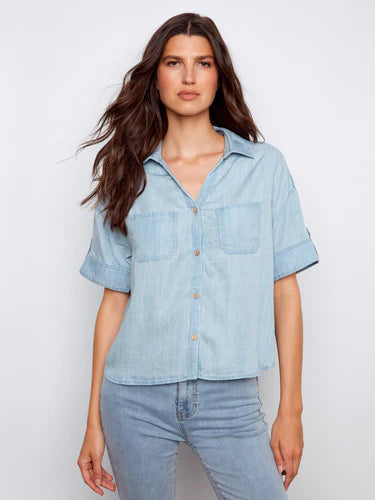 Short Sleeve Button-Front Tencel Shirt - Light Blue