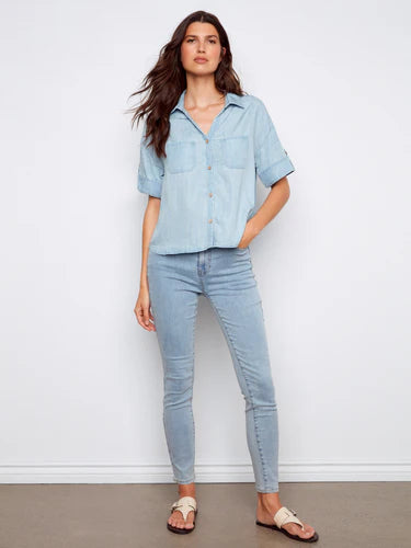 Short Sleeve Button-Front Tencel Shirt - Light Blue