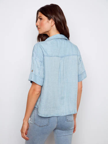 Short Sleeve Button-Front Tencel Shirt - Light Blue