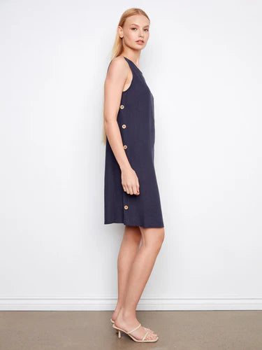Sleeveless Shift Dress with Decorative Side Button Detail