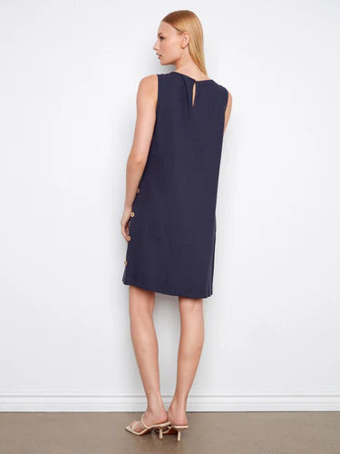 Sleeveless Shift Dress with Decorative Side Button Detail