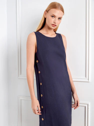 Sleeveless Shift Dress with Decorative Side Button Detail
