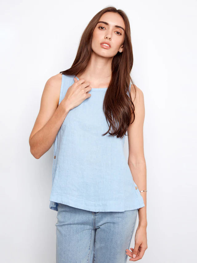 Sleeveless Linen Top with Side Buttons - Mist