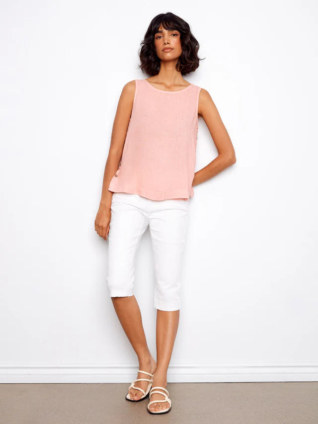 Sleeveless Linen Top with Side Buttons - Peony