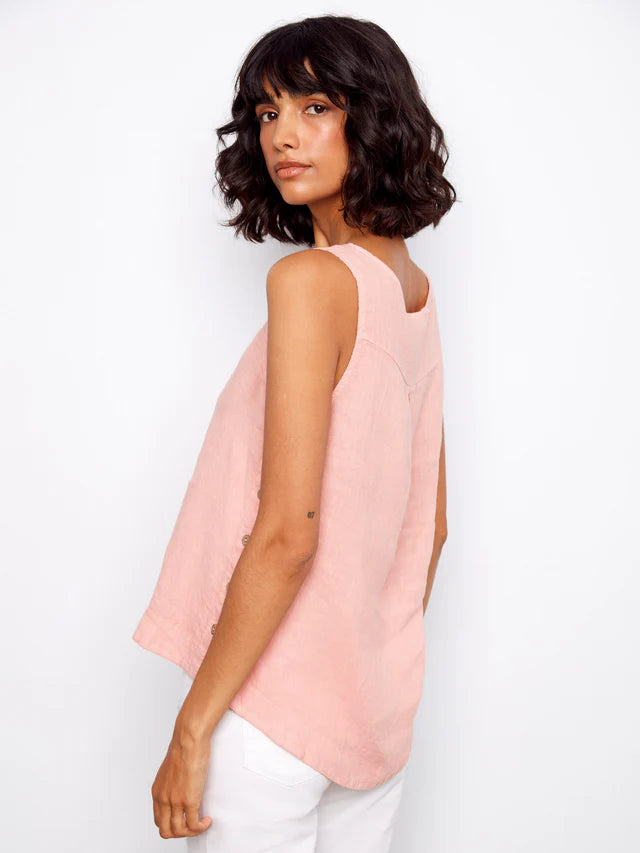 Sleeveless Linen Top with Side Buttons - Peony