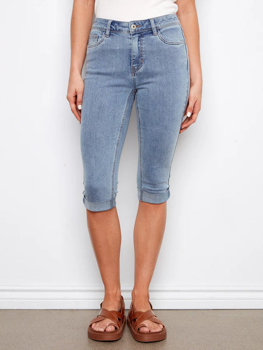 Stretch Denim Pedal Pushers - Light Blue