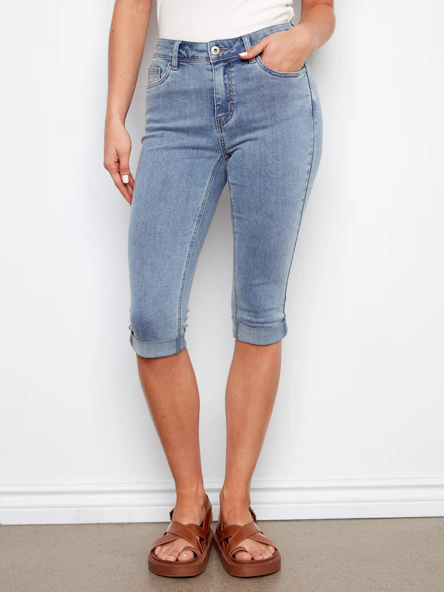 Stretch Denim Pedal Pushers - Light Blue