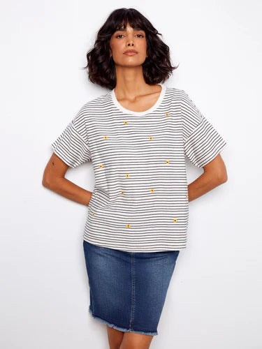 Short Sleeve Crew Neck T-Shirt with Flower Embroidery