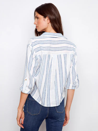 Striped Linen Blend Shirt With Front Twist - Denim