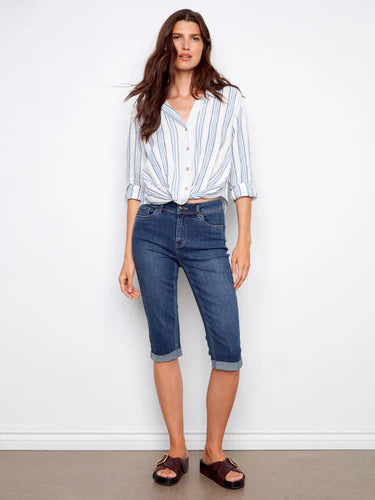 Striped Linen Blend Shirt With Front Twist - Denim