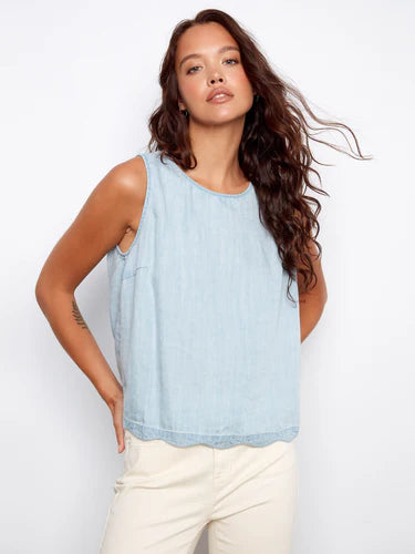 Scallop Hem Sleeveless Top with Decorative Back Buttons