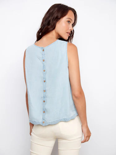 Scallop Hem Sleeveless Top with Decorative Back Buttons