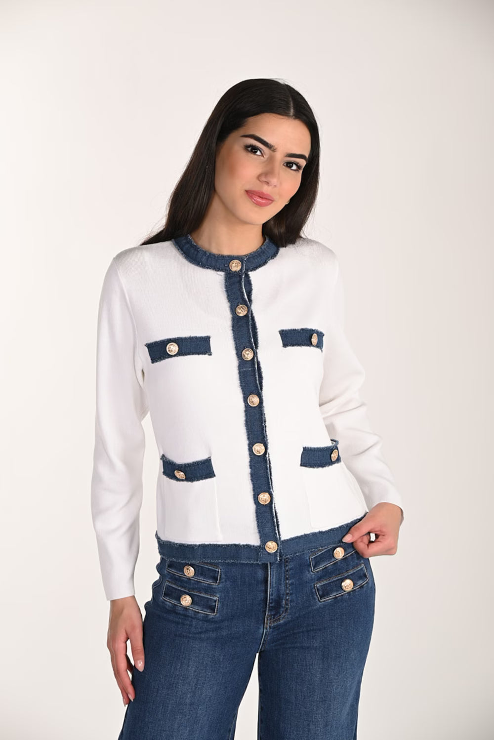 Denim Detail Cardgian with Gold Buttons